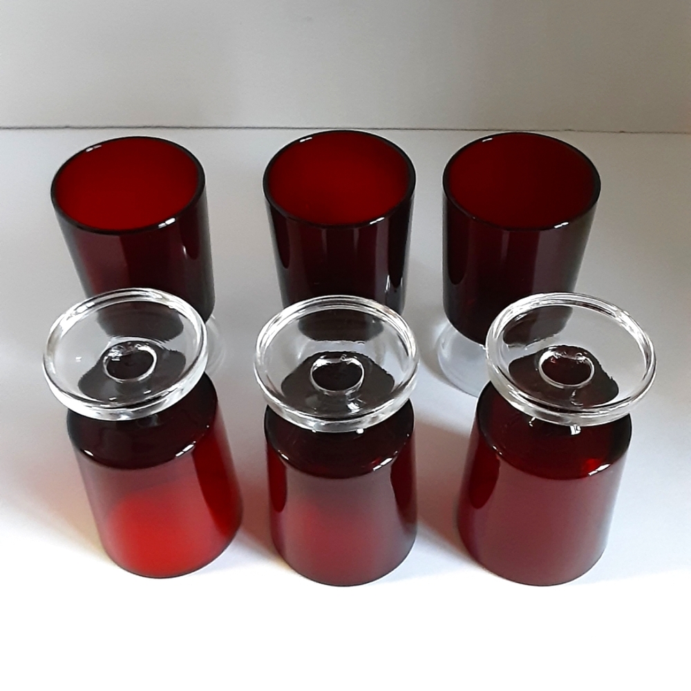 6 Wine or Sherry Goblets Luminarc France Vintage Ruby Red Glasses Clear Stems - Picture 2 of 4